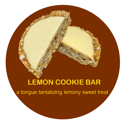Lemon Snack that's Raw Vegan Plant-Based Gluten-Free, a Protein Energy Bar, Breakfast bar, or a Cookie & Allergen-Friendly: No Soy, No-Dairy, No Egg, No Sesame, No Gluten.   Nutty Tantalizing Natural Lemon Flavor floating thru Medley of Sweet Dried Fruit & Nuts. Topped with Lemon White Chocolate. Indulgent, & Craveable